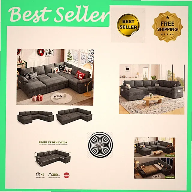 108 Inch Sectional Sleeper Sofa with Pull Out Bed, U Shaped 7 Seat Modular Se...