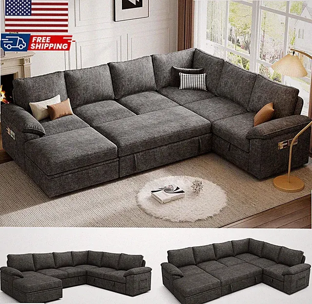 108 Inch Sectional Sleeper Sofa with Pull Out Bed U Shaped 7 Seat Modular Secti