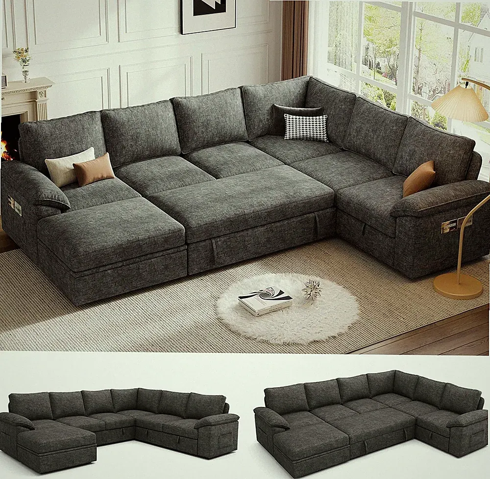 108 Inch Sectional Sleeper Sofa with Pull Out Bed, U Shaped 7 Seat Modular Secti