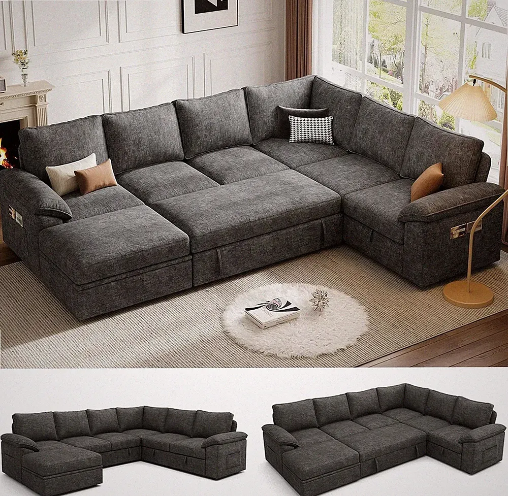 108 Inch Sectional Sleeper Sofa with Pull Out Bed,U Shaped 7 Seat Modular Sectio