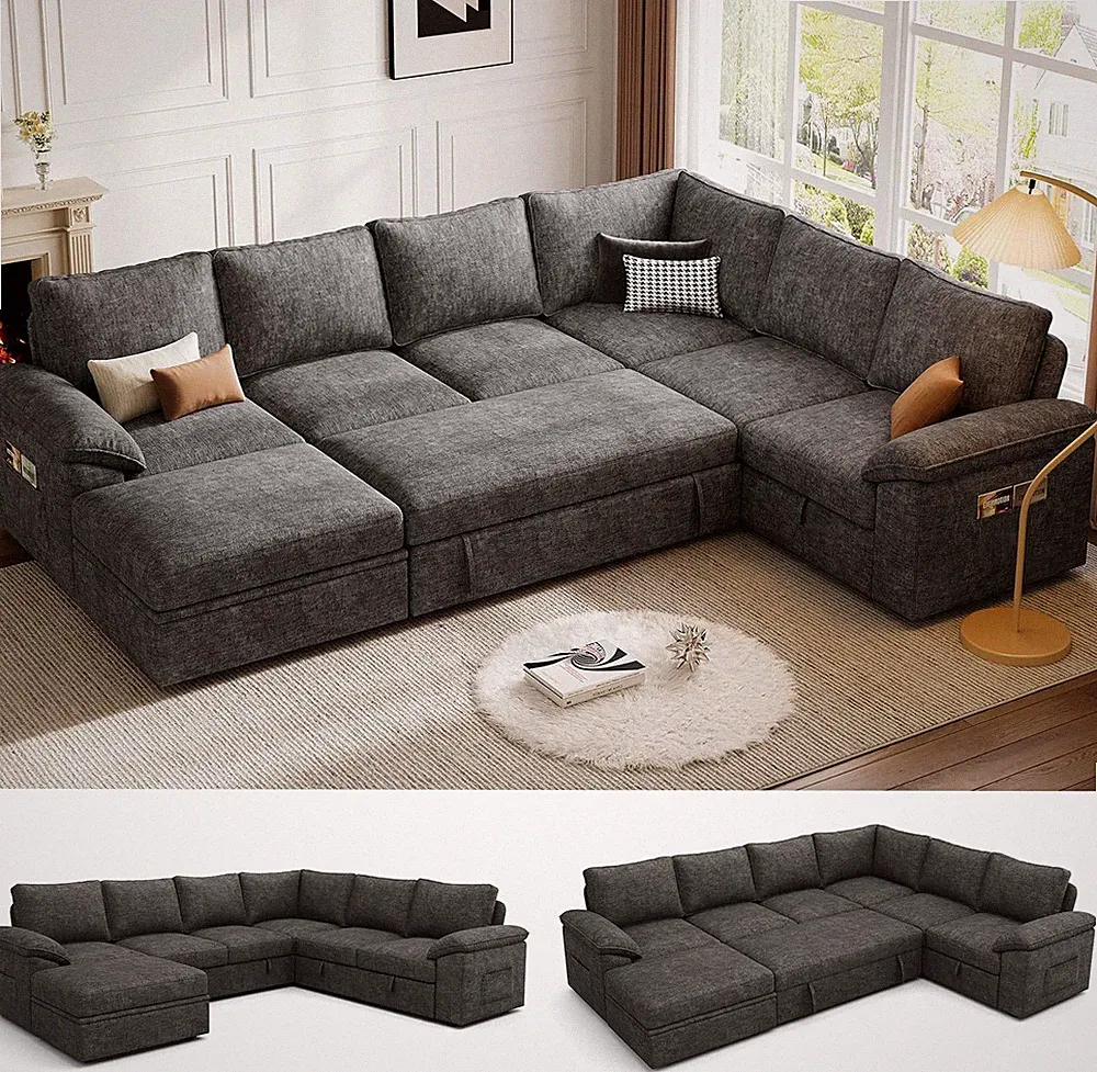 108 Inch Sectional Sleeper Sofa with Pull Out Bed,U Shaped 7 Seat Modular Sectio