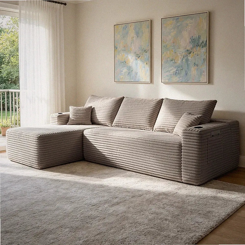 108" L-Shape Cloud Sectional Sofa with Chaise, Plush Fabric, Coffee