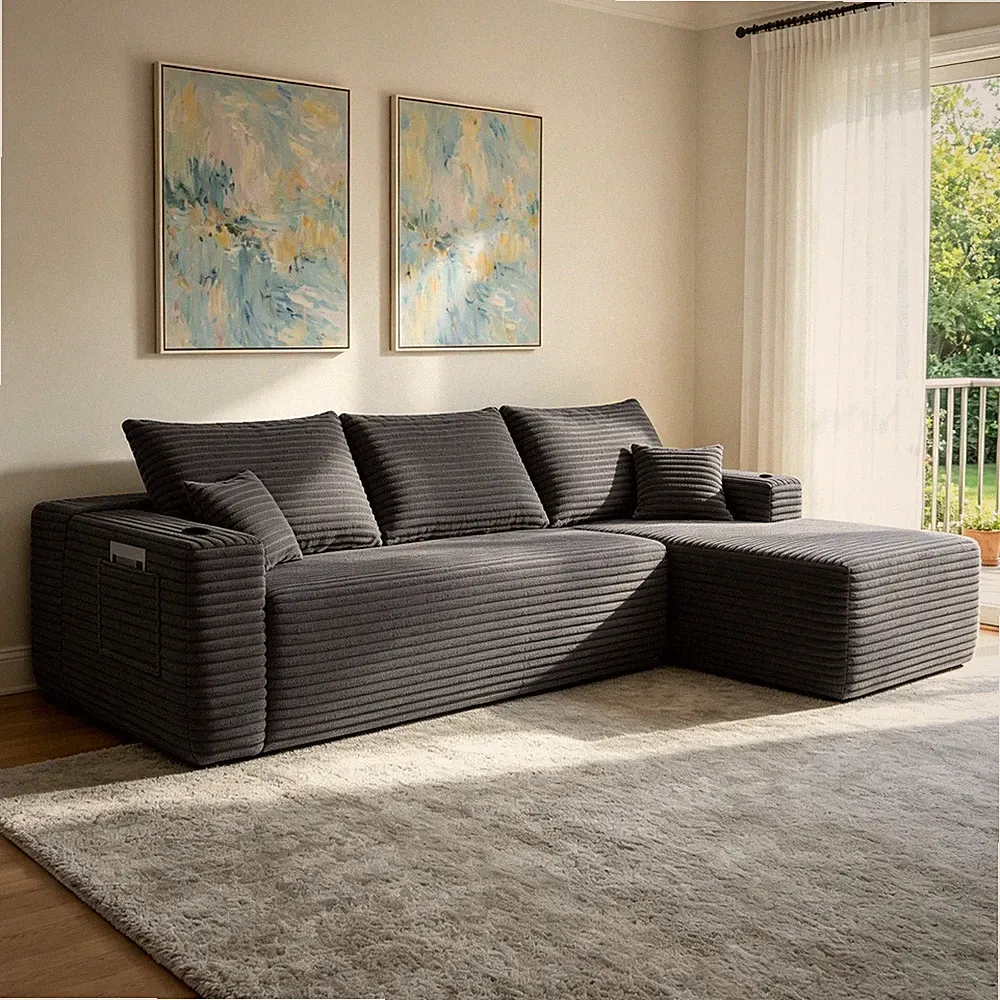 108" L-Shape Sectional Sofa with Chaise, Plush Fabric, Grey, Right