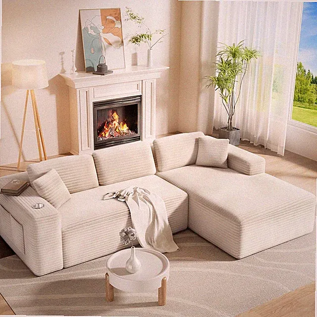 108" L-Shaped Boneless Sectional Couch No Assembly Deep Seat Beige Cloud Sofa