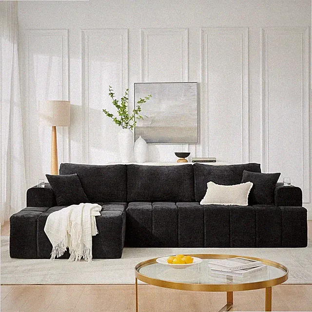 108" L-Shaped Chenille Sectional Sofa with Chaise, Black, No Assembly