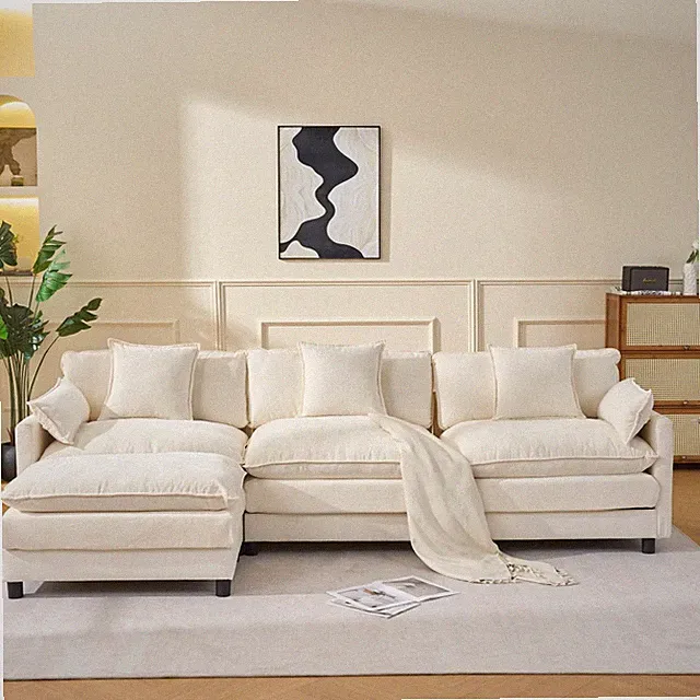 108" L-Shaped Modern Sofa Sectional with Ottoman & Pillows, Chenille
