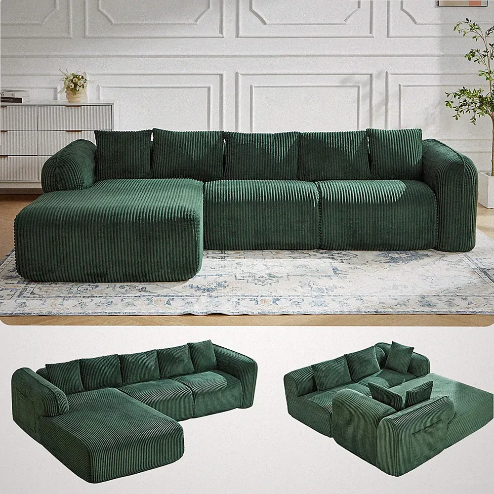 108" Modern Modular Sectional Sofa Chaise Deep Seat Boneless Green Left Facing