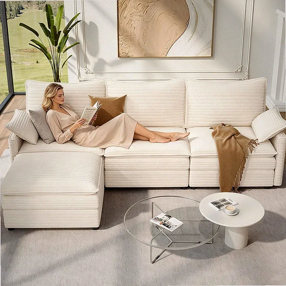 108" Modular Cloud Couch, Deep Seat Sectional Sofa with Ottoman & Throw Pillow