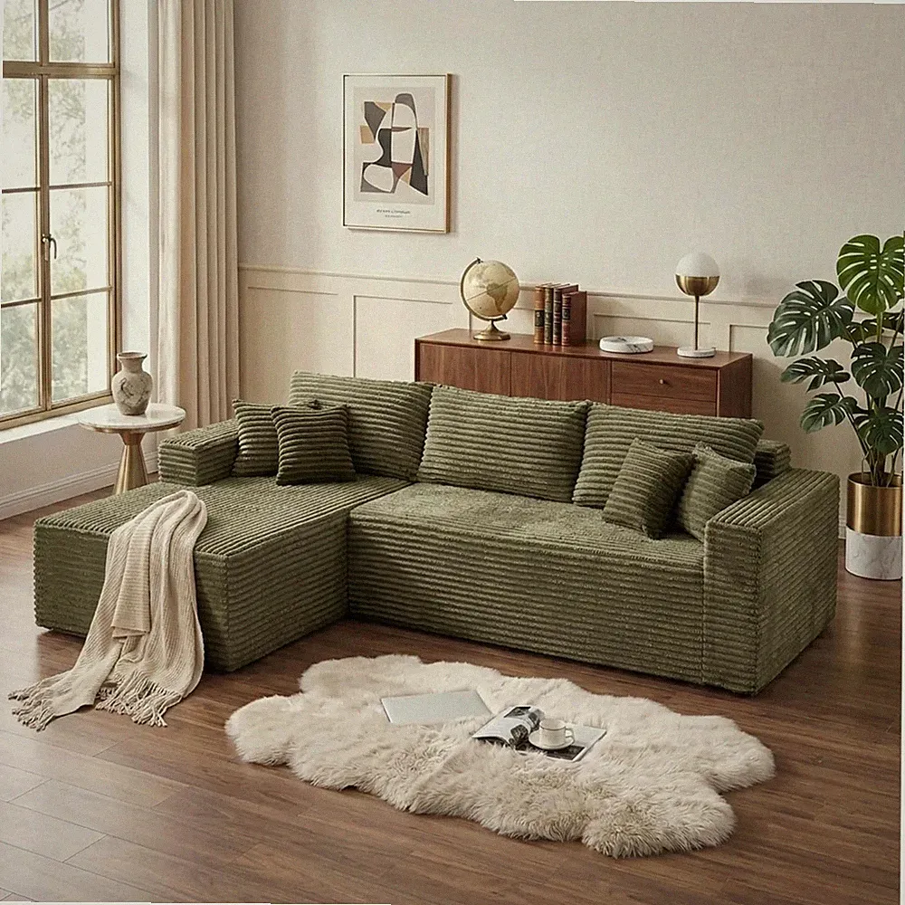 108" Modular Corduroy Cloud Sectional Sofa, Deep Seat & Memory Foam w/ 2 Pillows