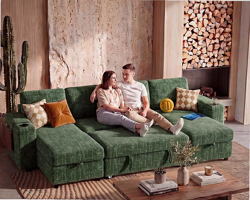 108" Modular Sectional Sleeper Sofa with Pull Out Bed, 4 Seat Chenille U Shaped