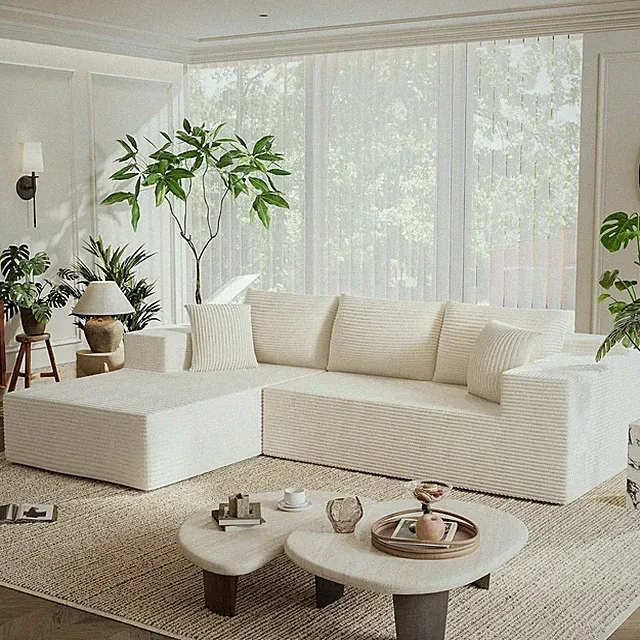 108" Modular Sectional Sofa, L-Shape Chaise, Beige Corduroy