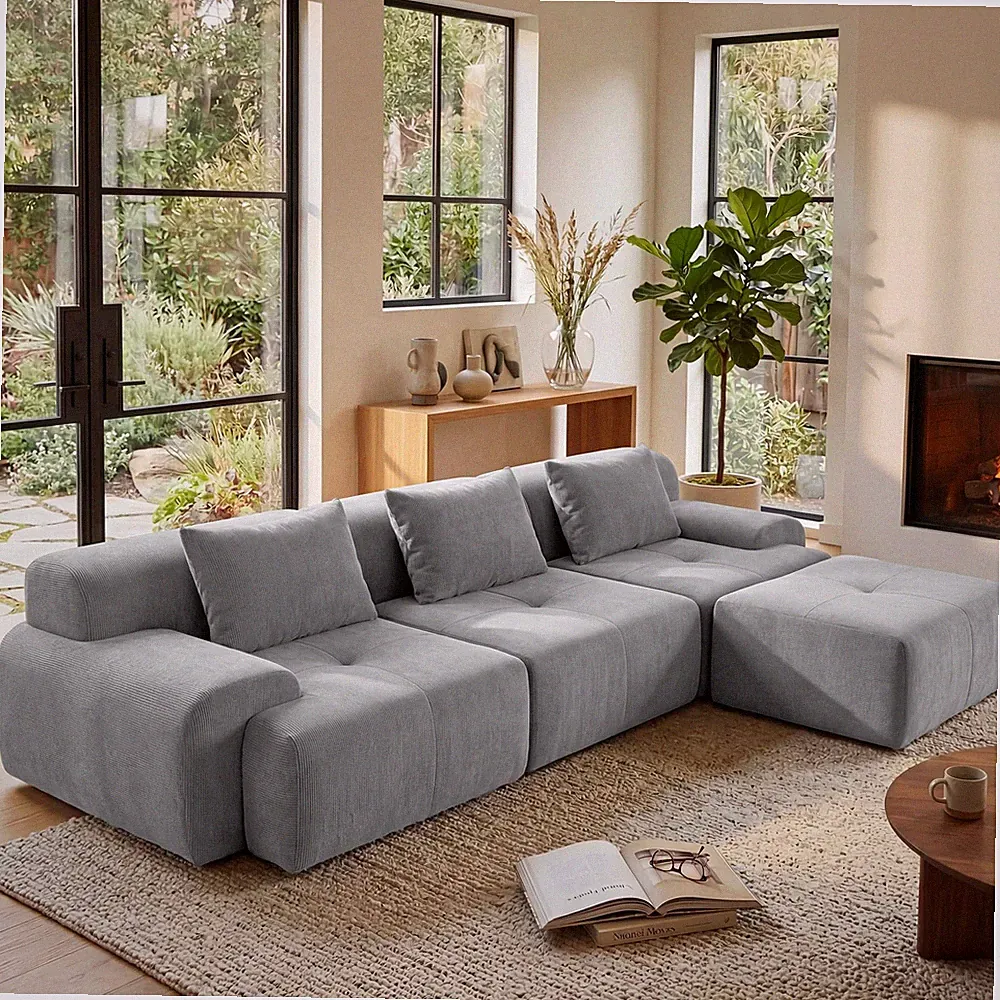 108'' Modular Sectional Sofa L Shape Tufted Cloud Corduroy Light Grey w/ Ottoman