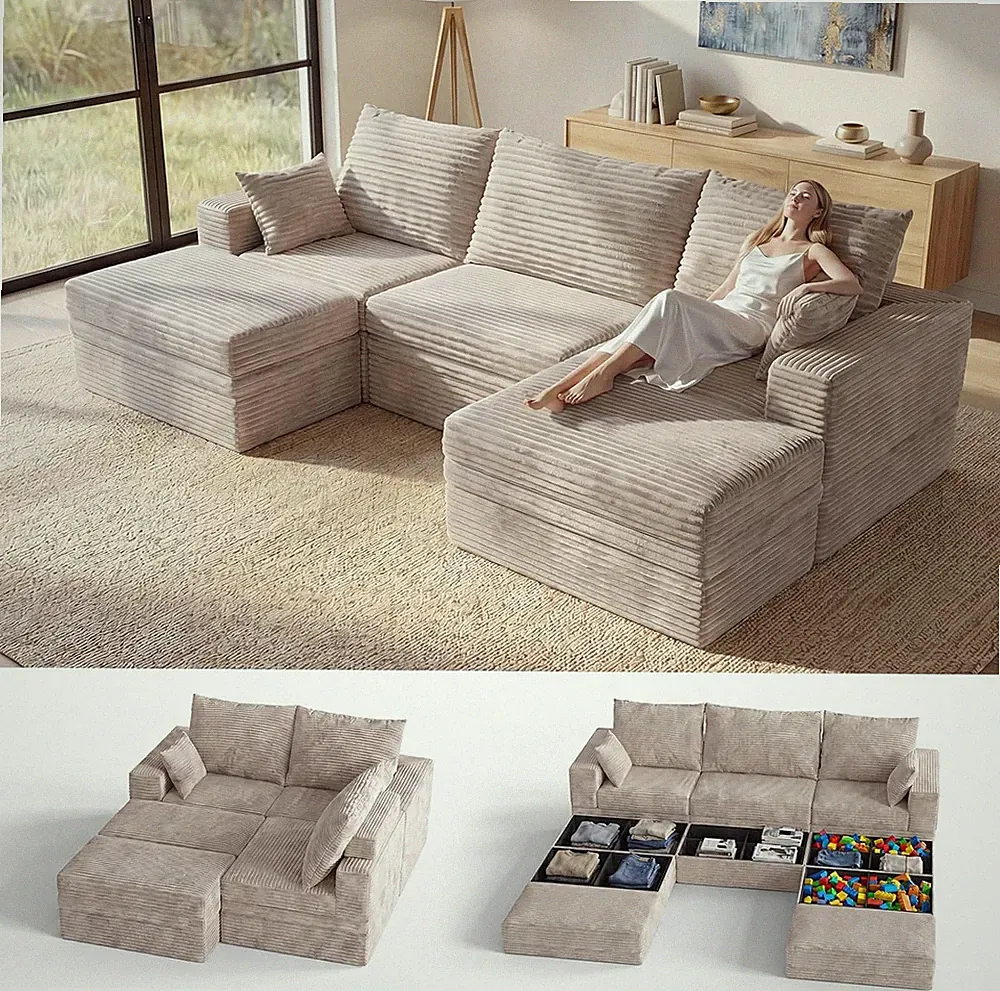 108" Modular Sectional Sofa with Storage, U Shaped Cloud Couch with Movable Otto