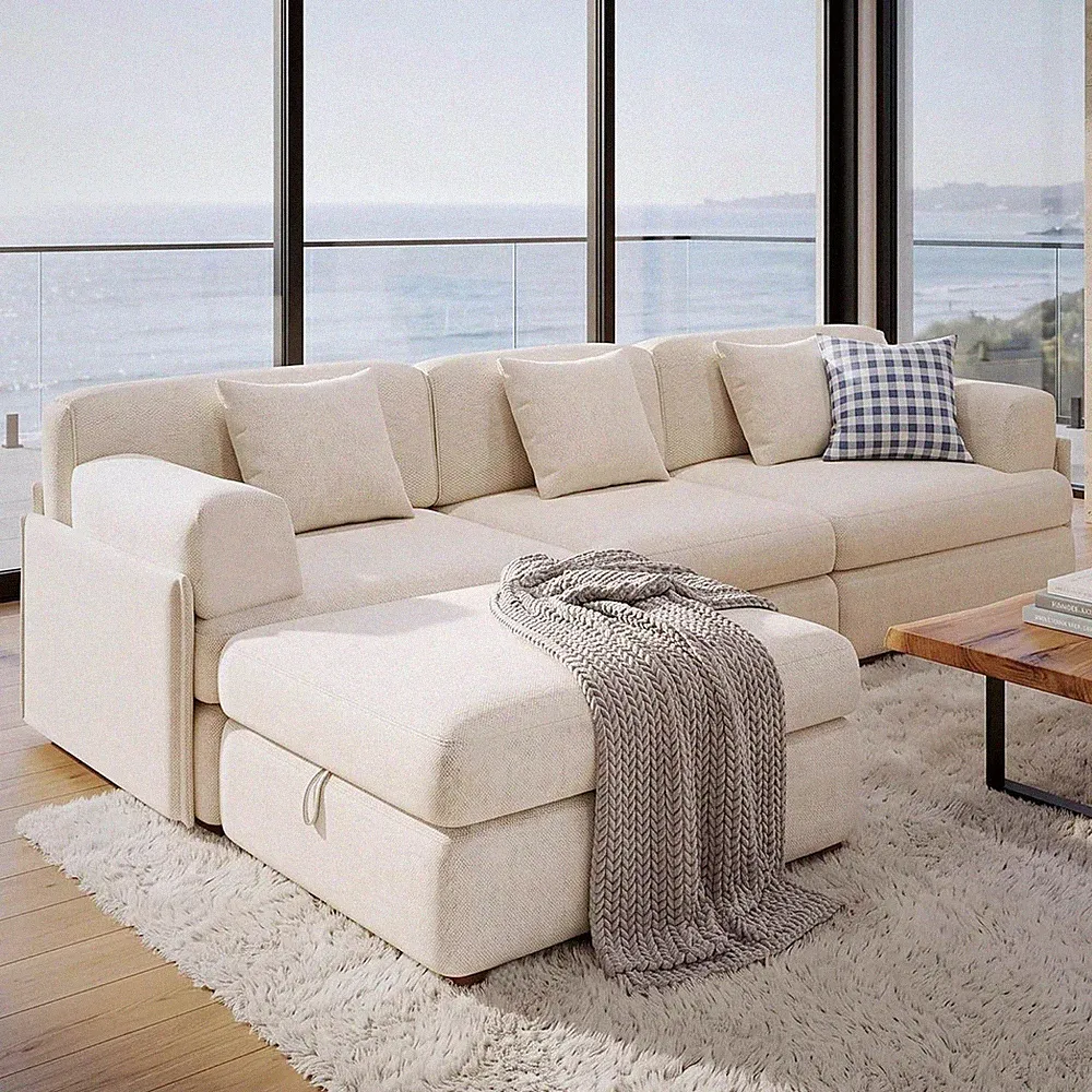 108" Oversized 4 Seater Modular Sofa Couch w/Storage Ottoman Beige