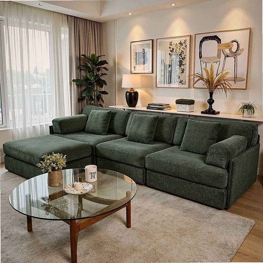 108" Oversized 4 Seater Modular Sofa Couch w/Storage Ottoman Green