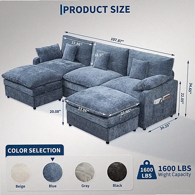 108" Oversized Cloud Sectional Sofa Chenille U Shape Chaise Living Room Couch US