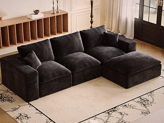 108" Plush Corduroy L Shaped Sectional Cloud Sofa Couch with Ottoman