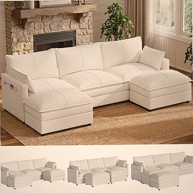 108 U-Shaped 5 for Seat Modular Sleeper Sofa Ottoman Cloud Couch Chaise Beige