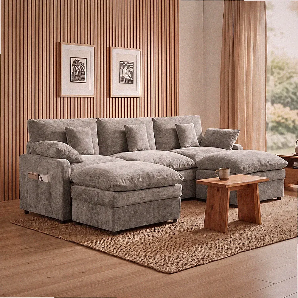 108" U Shaped Cloud Couch Modular Sectional Sofa W/ Movable Ottoman & Pillows