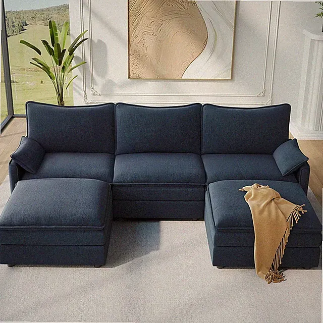 108" U Shaped Modern Cloud Couch, Deep Seat Sectionals, Blue