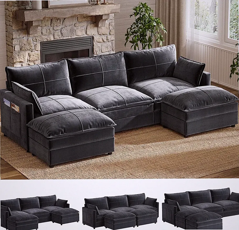 108" U-Shaped Modular Sectional Sofa 5-Seat Grey Flexible Modular Layout
