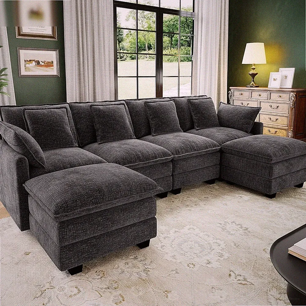 1080P Cloud Couch Sectional 107 Inch U Shape Modular Sofa Black Chenille