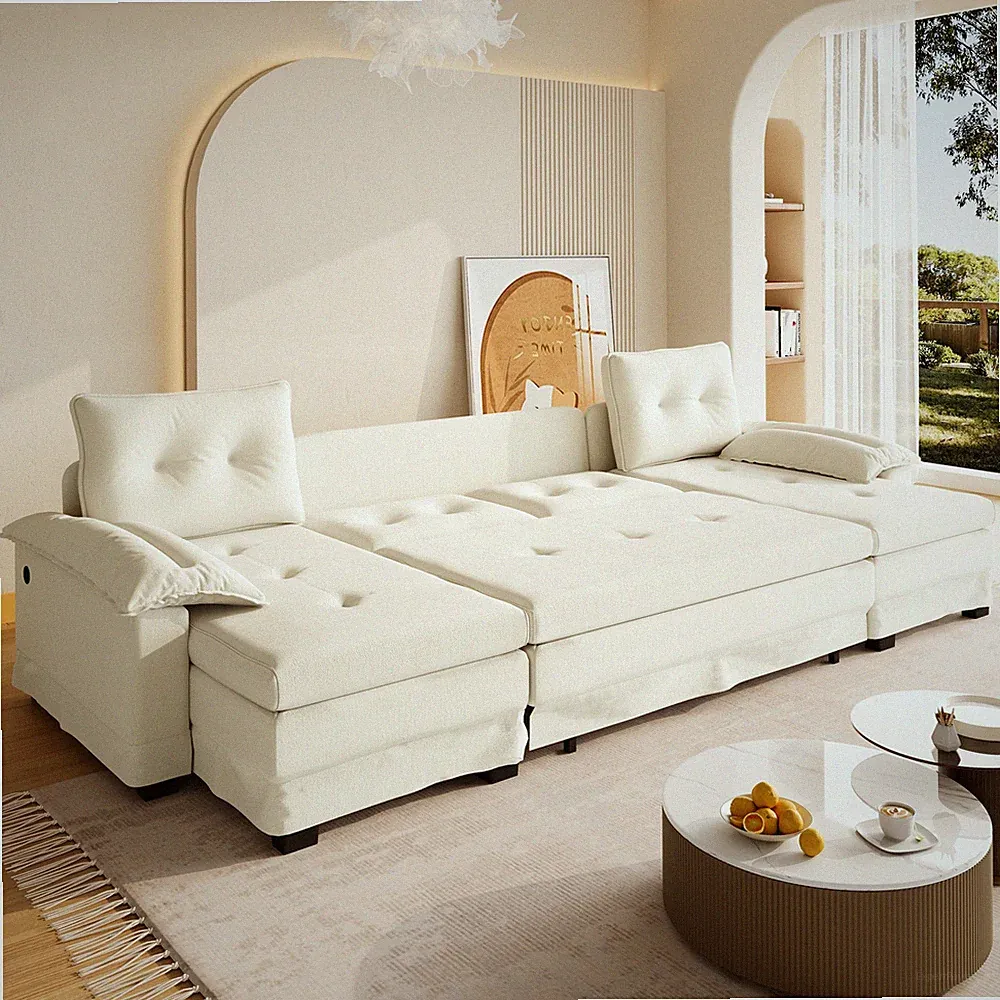 109.5" Oversized U-Shaped Modular Sleeper Sofa W/ Pull Out Bed Couch Bed Beige