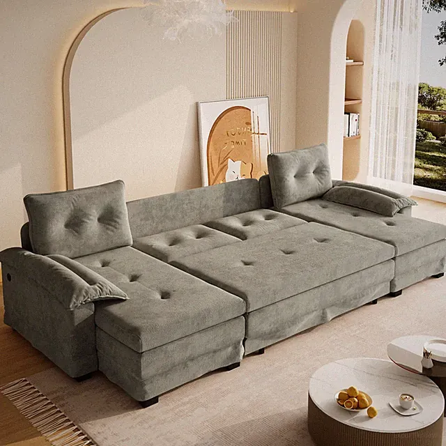 109.5" Oversized U-Shaped Modular Sleeper Sofa W/ Pull Out Bed Couch Bed Gray