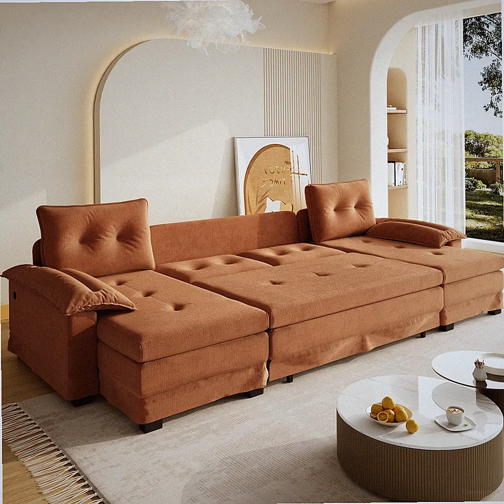 109.5" Oversized U-Shaped Modular Sleeper Sofa W/ Pull Out Bed Couch Bed Orange