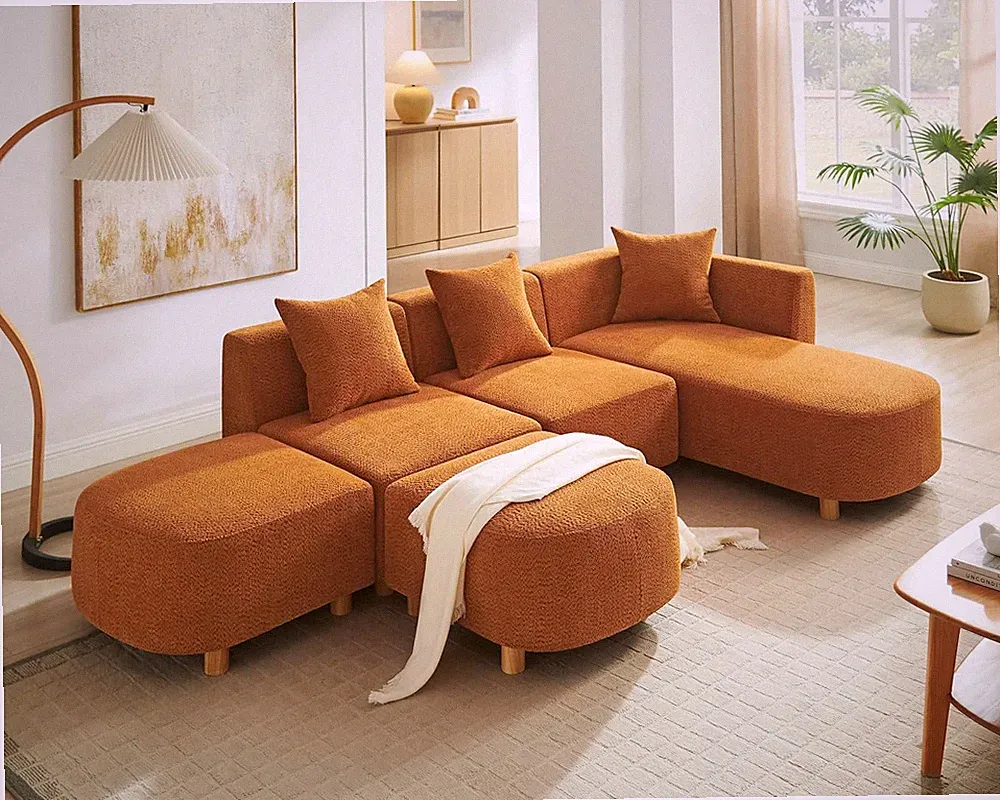 109.84" Modular Sectional Sofa with Pillows, 5-Seater, Boucle Curry