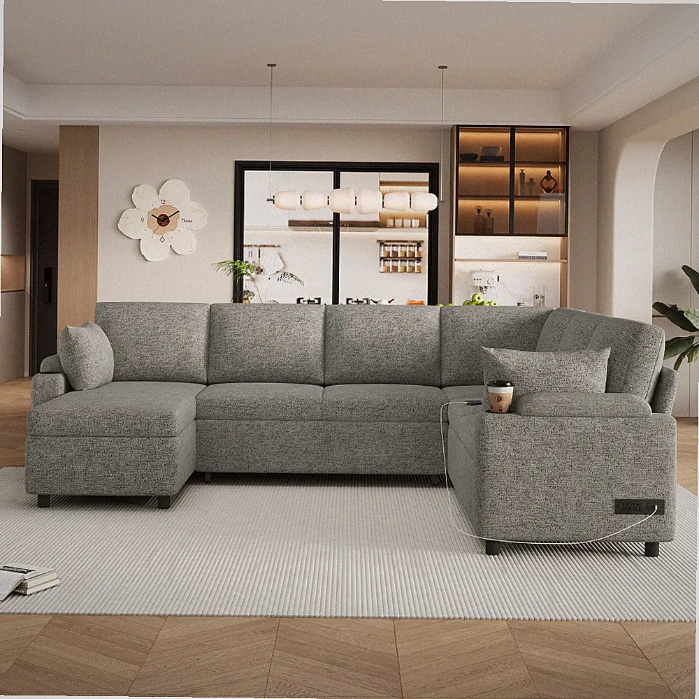 109.9" Sectional Sofa Bed U-shaped Sofa with Storage, Cup Holders, Light Grey