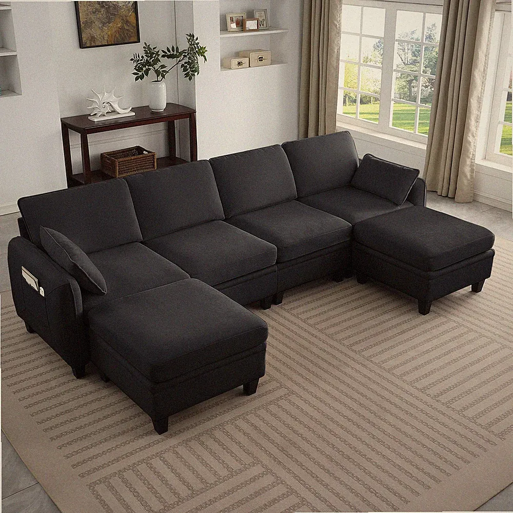109 Inch black Chenille Modular Sectional Sofa, L-Shaped Cloud Couch with Sto