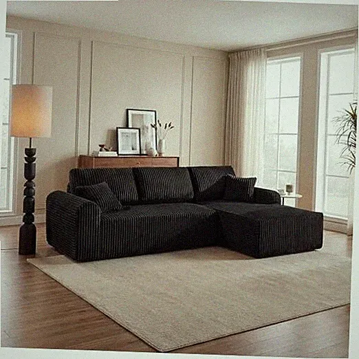 109-Inch L-Shaped Right Facing Boneless Corner Sofa 2 PCS Modular Black/R