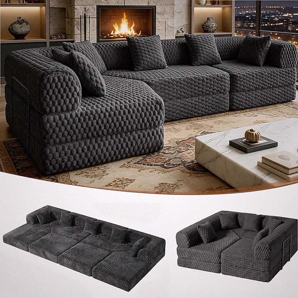 109" L Shaped Modular Sectional Sofa, Convertible Sleeper Sofa Bed,Velvet Foldab