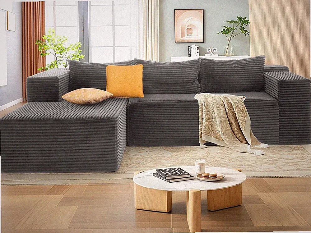 109" Modular Sectional Sofa Couches L-Shape Couch 3 Seat Corduroy Sofa No Assemb