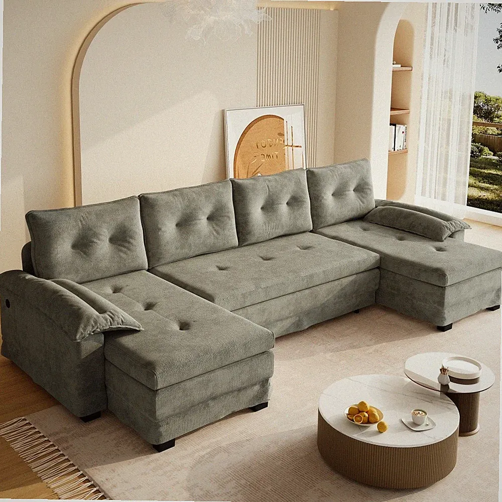 109" U-Shape Sleeper Sofa Sectional w/ Pull-Out Bed & USB, Chaise, Light Grey