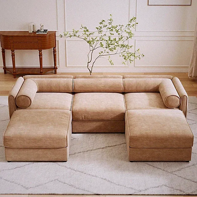 109" U-Shaped Chenille Sectional Sofa with Storage & Ottomans, Camel