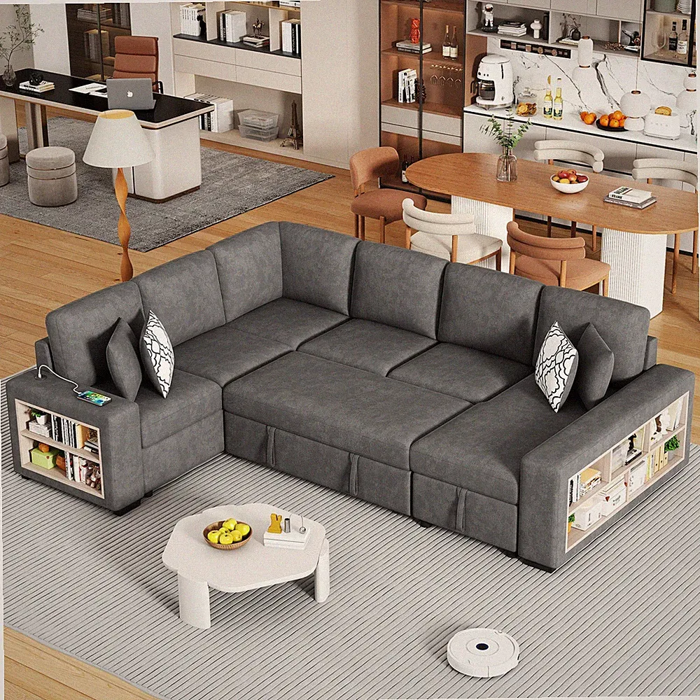 109" U-shaped Sectional Sofa Pull-out Sofa Bed with Two USB Ports, a Storage C
