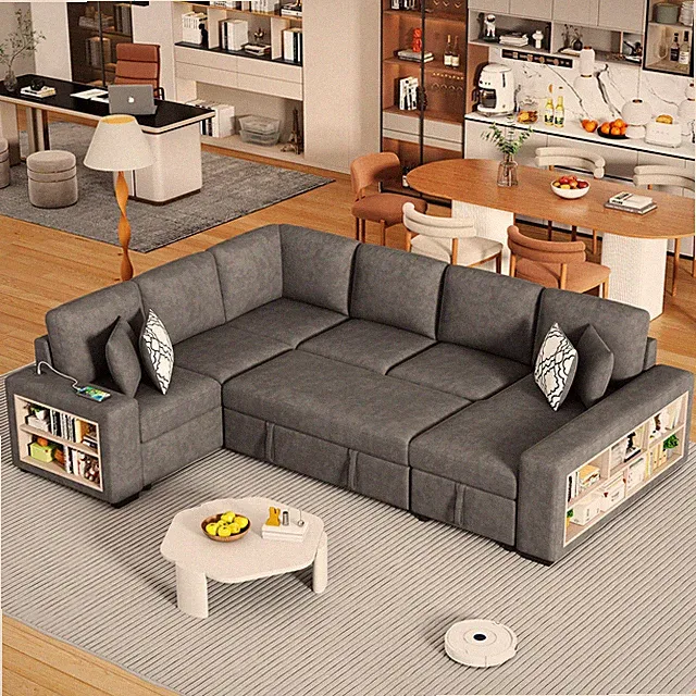 109" U-shaped Sectional Sofa Pull-out Sofa Bed with Two USB Ports, a Storage Ch