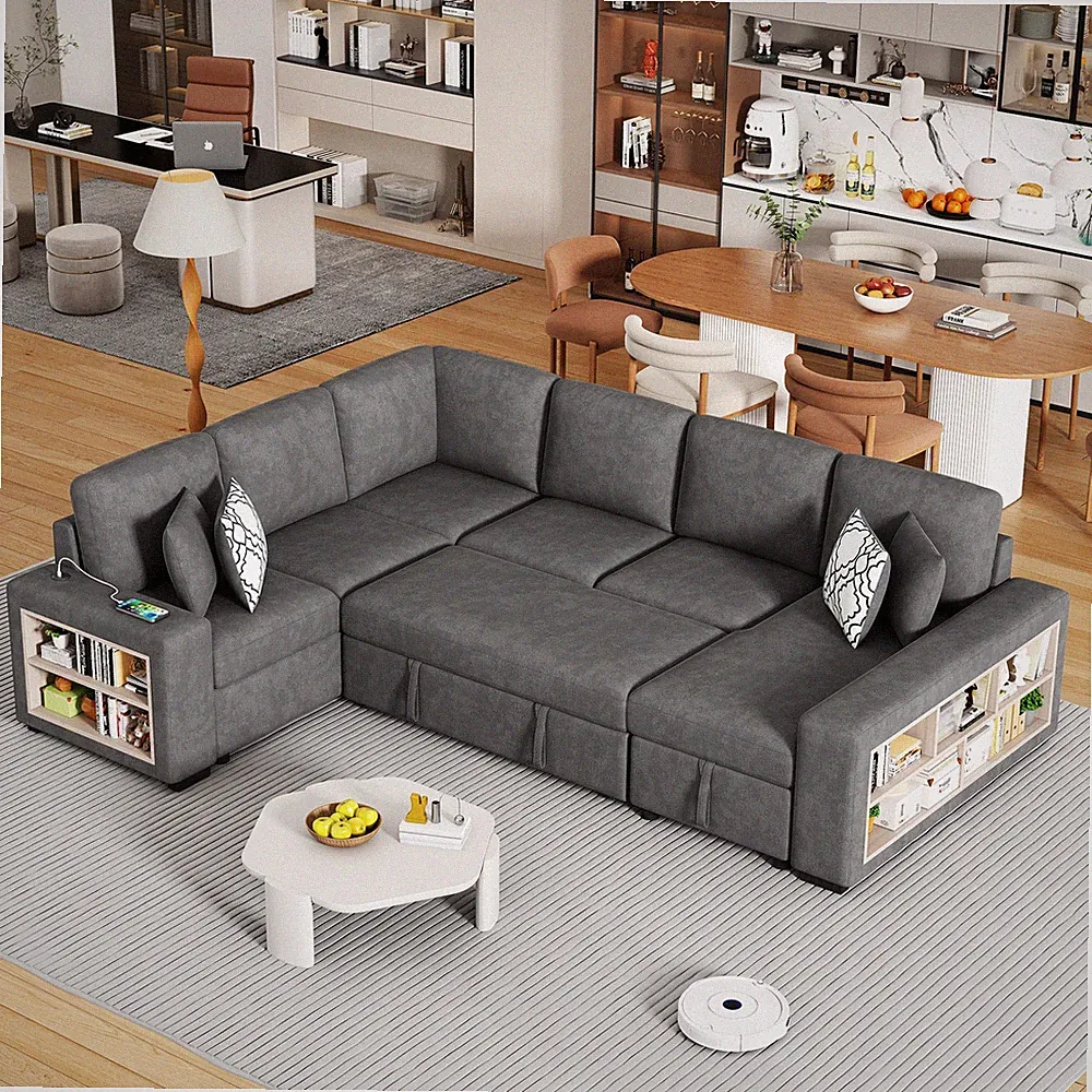 109" U-shaped Sectional Sofa Pull-out Sofa Bed with Two USB Ports, a Storage Cha