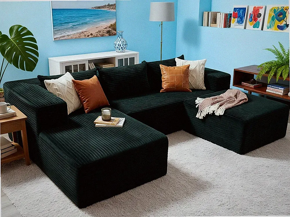 109" U Shaped Sofa Bed DIY Boneless Sectional Couch with Ottoman for Living Room