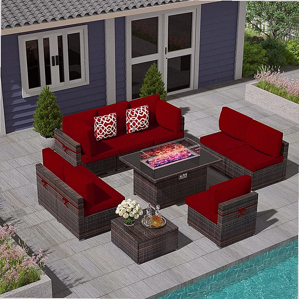 10PC Outdoor Patio PE Rattan Furniture Sectional Sofa Sets W/ Gas Fire Pit Table