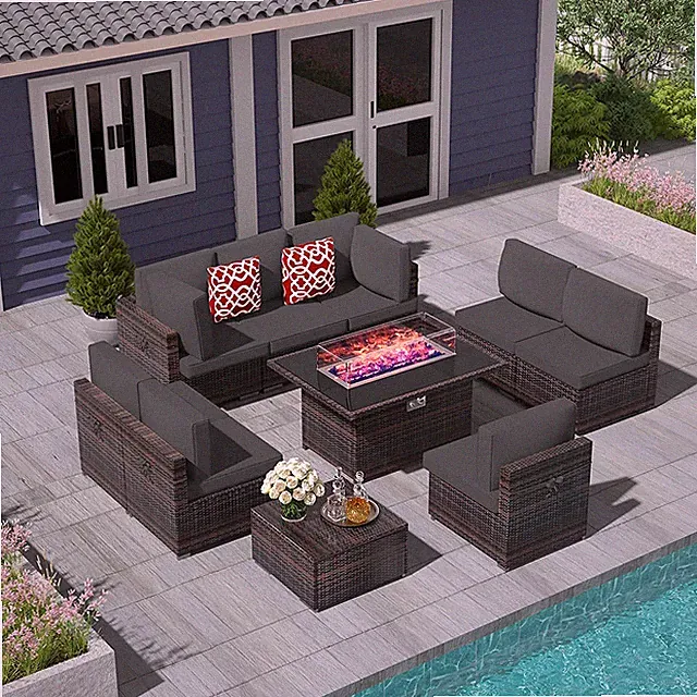 10PC Outdoor Patio PE Rattan Furniture Sectional Sofa Sets W/ Gas Fire Pit Table