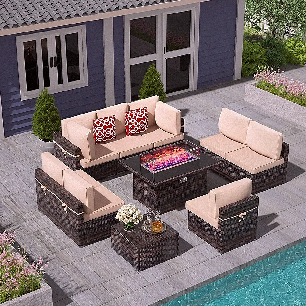 10PC Outdoor Patio PE Rattan Furniture Sectional Sofa Sets W/ Gas Fire Pit Table