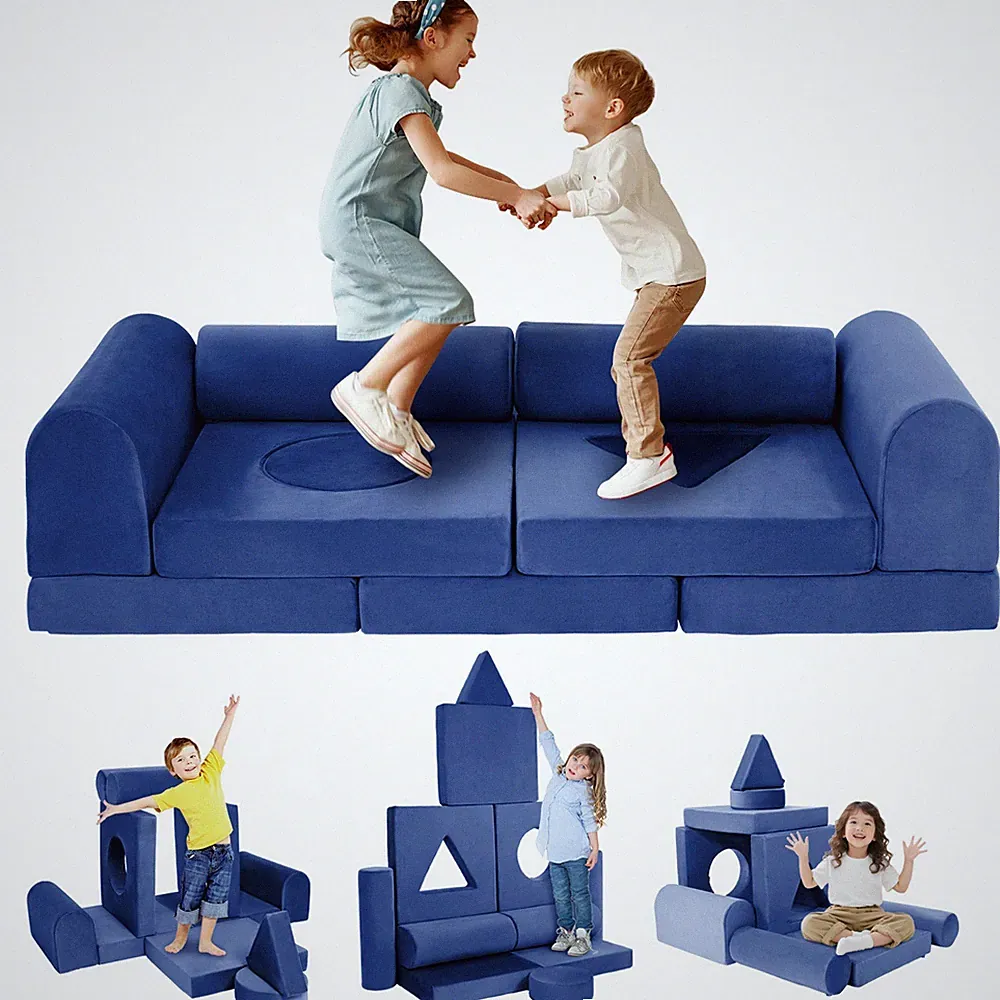 11 Pcs Kids Couch Sofa Fold Out Couch Play Set Modular Foam Play Couch Blue