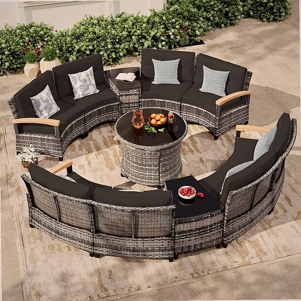11-Piece Half-Moon Curved Outdoor Patio Furniture Set, Sectional Conversation So