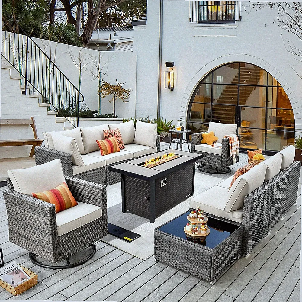 11 Piece Outdoor Patio Furniture Set with 53" Fire Pit Table, Wicker Sectional C