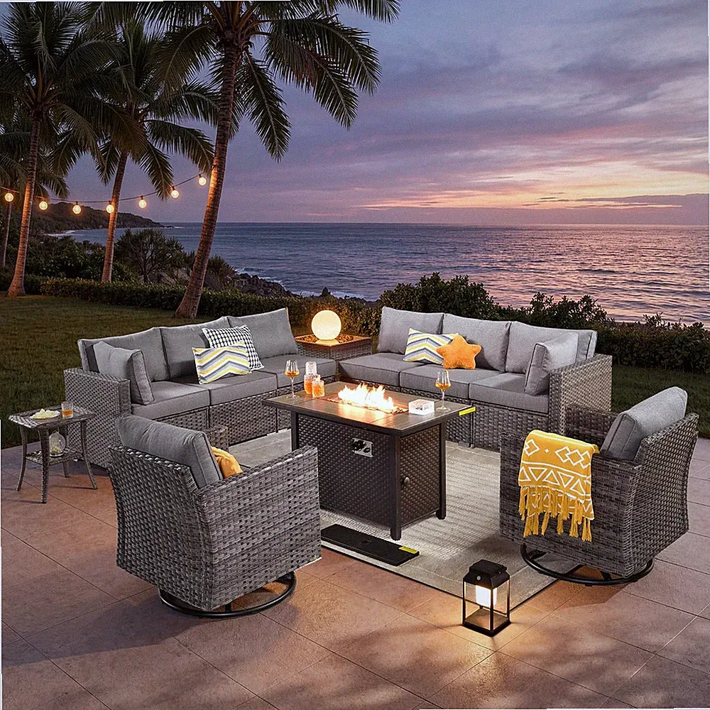 11 Piece Outdoor Patio Furniture Set with Fire Pit Table,Conversation Sectional