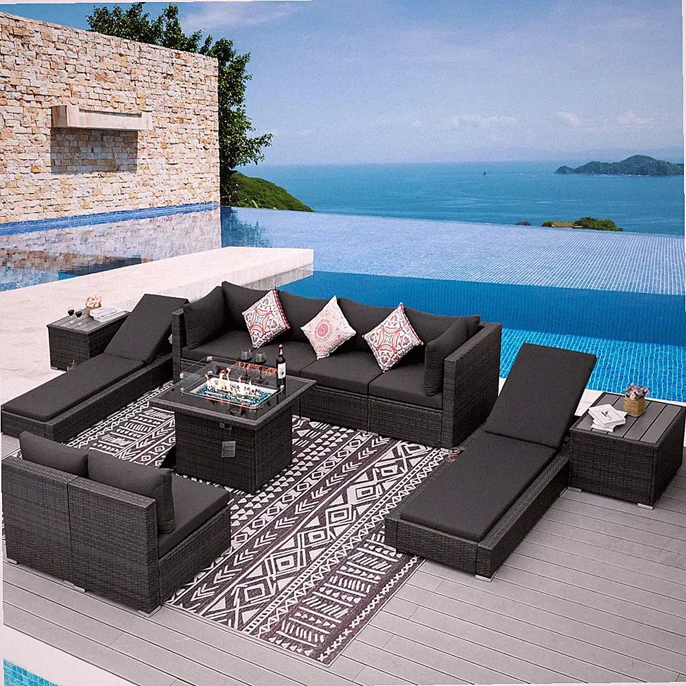 11-Piece Patio Furniture with Chaise Lounge, Modern Wicker Outdoor Sectional wit