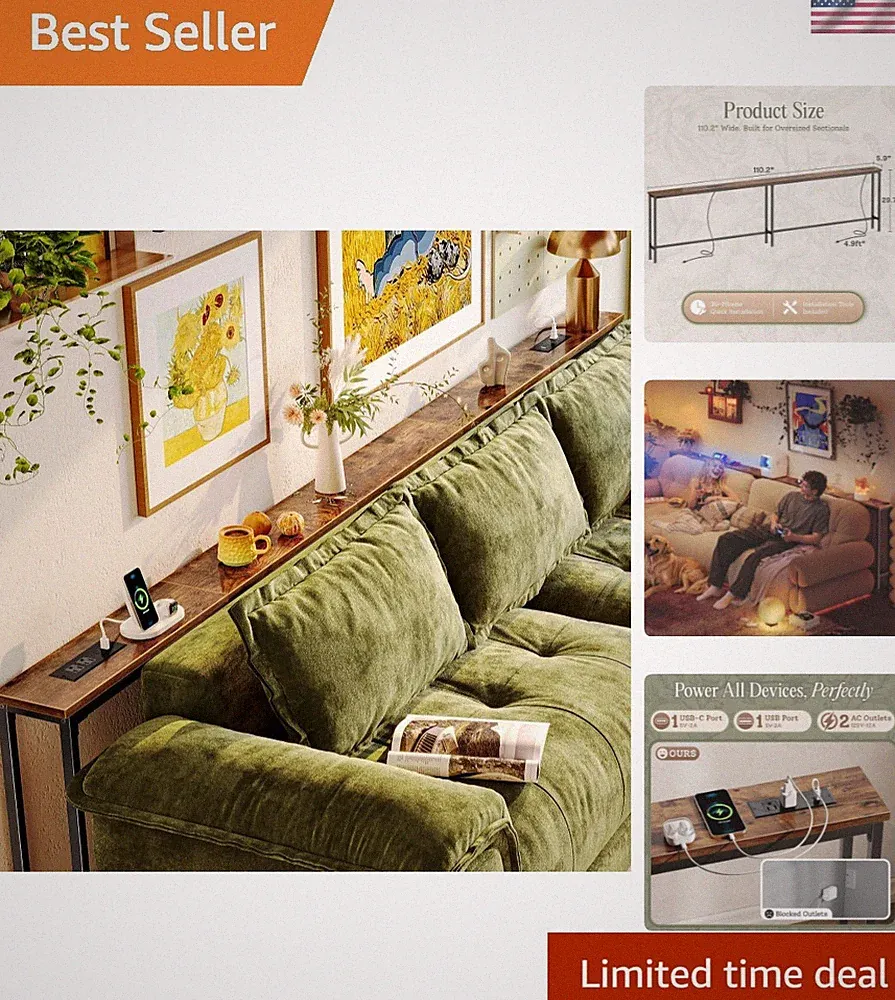 110.2 Inch Behind Couch Table with 2 Power Outlets and USB-C Ports, Extra Lon...
